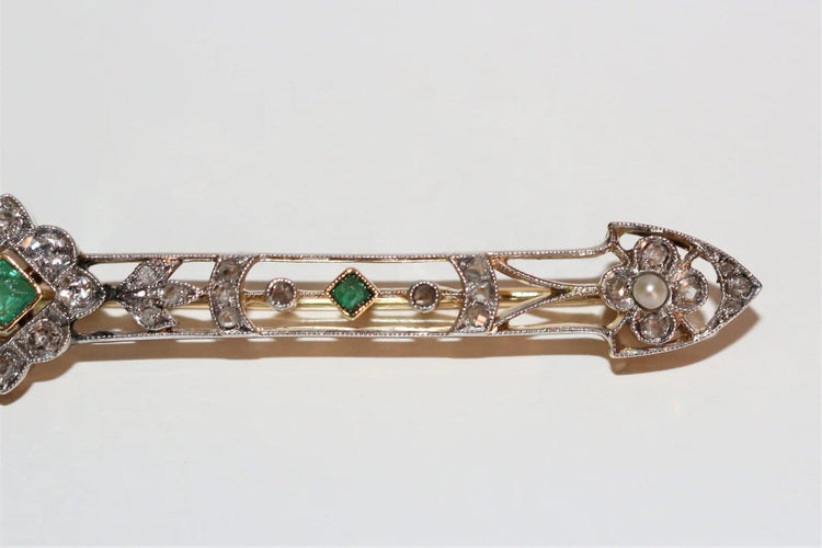 Broche Broche-barrette Art déco en or 18k avec émeraudes, perles et diamants 58 Facettes 525