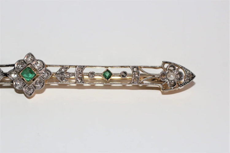 Broche Broche-barrette Art déco en or 18k avec émeraudes, perles et diamants 58 Facettes 525