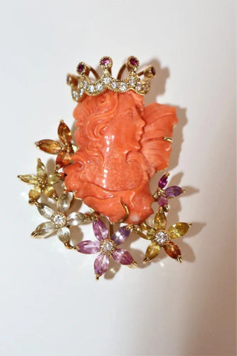 Collier Collier pendentif Art nouveau en or jaune 18k, corail et diamants 58 Facettes 536.250