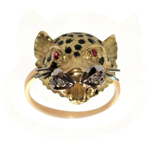 Bague 60 Bague panthère en or jaune 18 carats, émail, diamants et rubis 58 Facettes 329