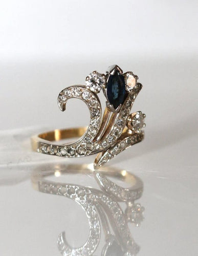 Bague 55 Bague aigrette - Diamants et saphir en or jaune et or blanc 18 carats 58 Facettes 553