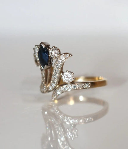 Bague 55 Bague aigrette - Diamants et saphir en or jaune et or blanc 18 carats 58 Facettes 553