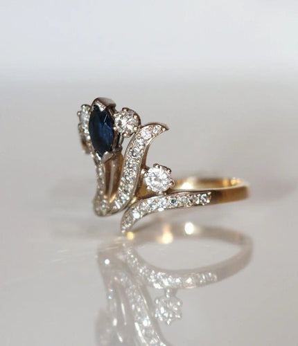 Bague 55 Bague aigrette - Diamants et saphir en or jaune et or blanc 18 carats 58 Facettes 553