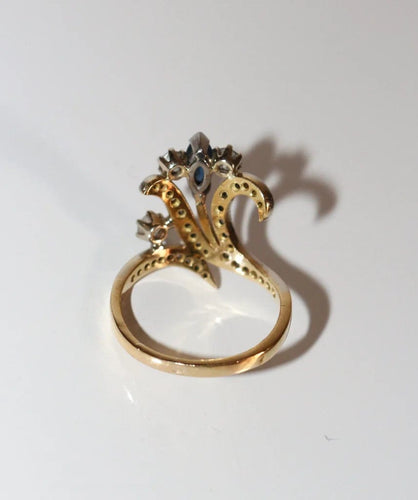 Bague 55 Bague aigrette - Diamants et saphir en or jaune et or blanc 18 carats 58 Facettes 553
