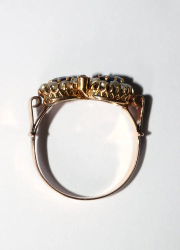 Bague 55 Bague duo ancienne en or jaune 18 carats, perles et pierres bleues 58 Facettes 573
