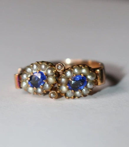 Bague 55 Bague duo ancienne en or jaune 18 carats, perles et pierres bleues 58 Facettes 573