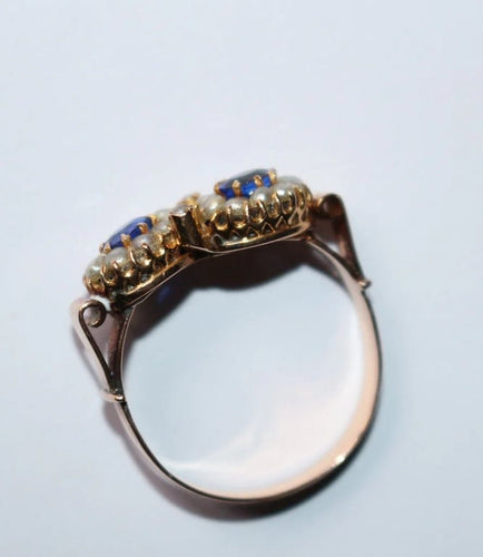 Bague 55 Bague duo ancienne en or jaune 18 carats, perles et pierres bleues 58 Facettes 573