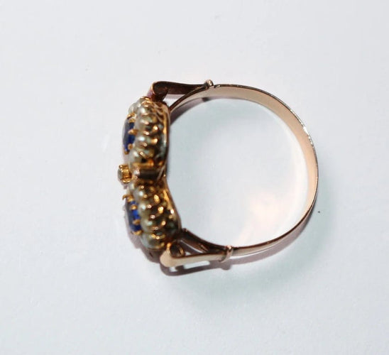Bague 55 Bague duo ancienne en or jaune 18 carats, perles et pierres bleues 58 Facettes 573