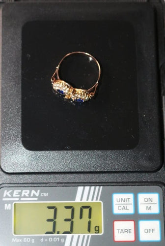 Bague 55 Bague duo ancienne en or jaune 18 carats, perles et pierres bleues 58 Facettes 573