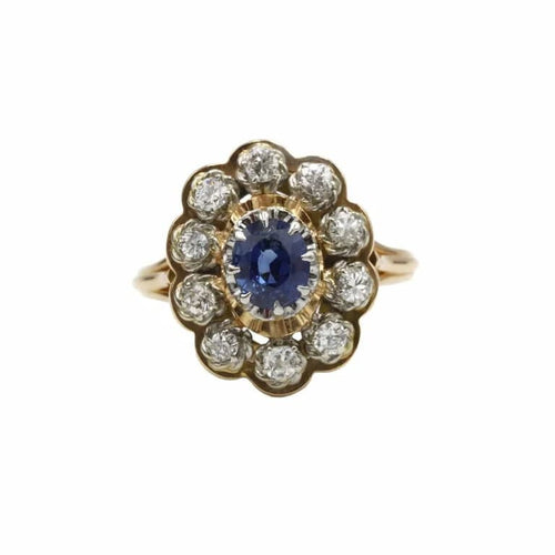 Bague 56 Bague en or jaune 750‰, saphir et diamants taille ancienne 58 Facettes 1031