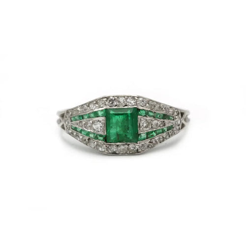 Bague 56 Art déco - Bague en platine avec émeraudes et diamants 58 Facettes 1153