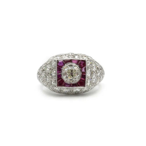 Bague 51 Bague Art déco des années 50 en platine, diamants et rubis calibrés 58 Facettes 1226