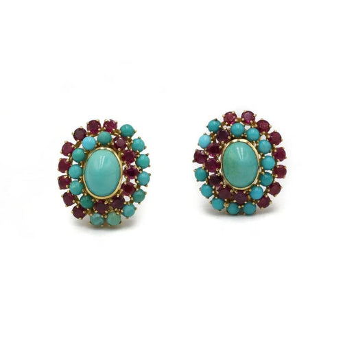 Boucles d'oreilles Boucles d’oreilles années 1950 en or jaune 750, rubis et turquoises 58 Facettes 1286