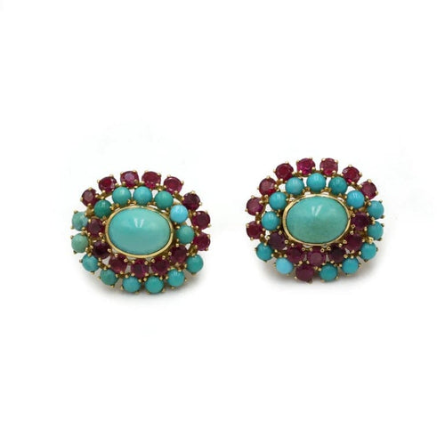 Boucles d'oreilles Boucles d’oreilles années 1950 en or jaune 750, rubis et turquoises 58 Facettes 1286