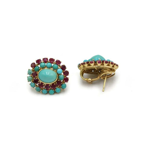 Boucles d'oreilles Boucles d’oreilles années 1950 en or jaune 750, rubis et turquoises 58 Facettes 1286