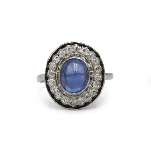 Bague 56 Bague Art déco en platine avec saphir cabochon, onyx et diamants 58 Facettes 1270