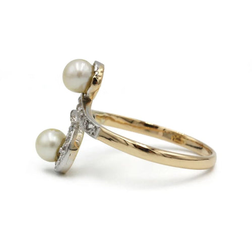Bague 58 Bague toi et moi Art nouveau en or jaune 750 et platine, perles et diamants 58 Facettes SA003