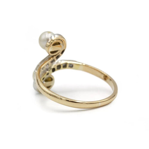 Bague 58 Bague toi et moi Art nouveau en or jaune 750 et platine, perles et diamants 58 Facettes SA003