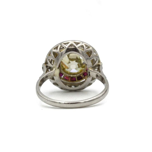 Bague 53 Bague Art déco en platine avec diamant jaune 2,18 ct et rubis 58 Facettes 1274