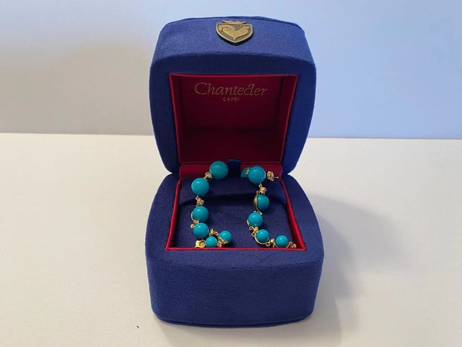 Boucles d'oreilles Chantecler Cherie - Boucles d'oreilles pendantes en or jaune 18 carats, diamants et turquoise 58 Facettes