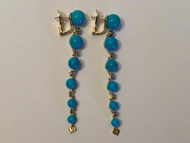 Boucles d'oreilles Chantecler Cherie - Boucles d'oreilles pendantes en or jaune 18 carats, diamants et turquoise 58 Facettes