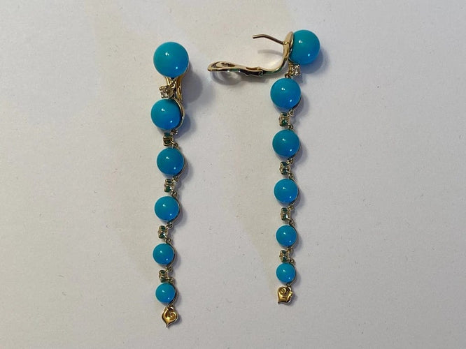 Boucles d'oreilles Chantecler Cherie - Boucles d'oreilles pendantes en or jaune 18 carats, diamants et turquoise 58 Facettes