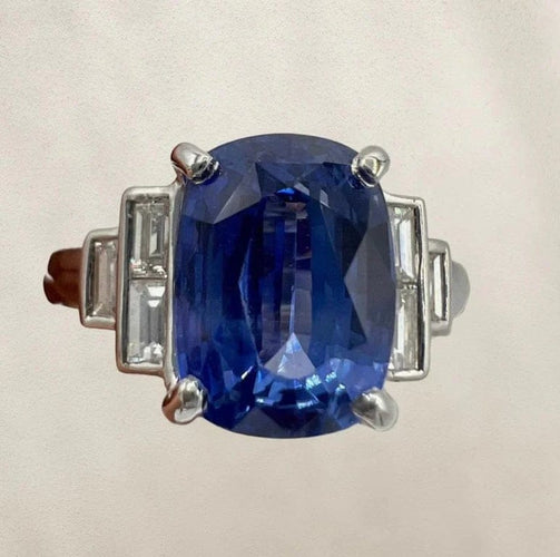 Bague 54 Bague de fiançailles - Saphir de Ceylan et diamants baguette en or blanc 18 carats 58 Facettes 7351 A