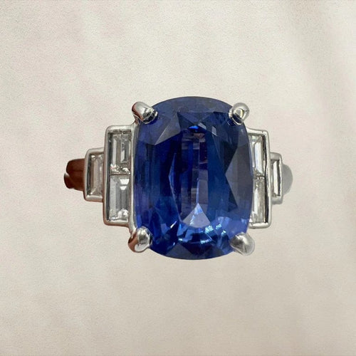 Bague 54 Bague de fiançailles - Saphir de Ceylan et diamants baguette en or blanc 18 carats 58 Facettes 7351 A