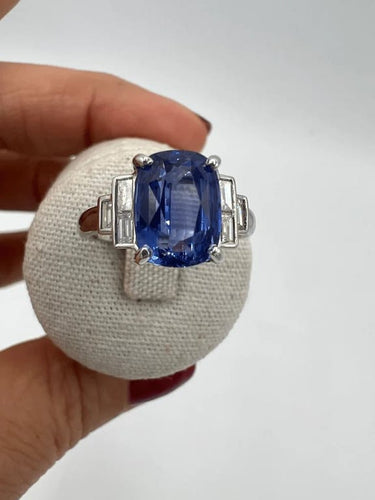 Bague 54 Bague de fiançailles - Saphir de Ceylan et diamants baguette en or blanc 18 carats 58 Facettes 7351 A