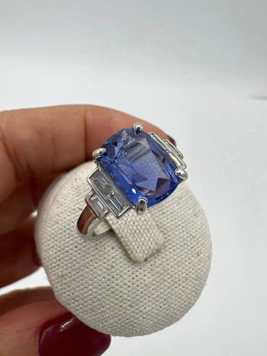 Bague 54 Bague de fiançailles - Saphir de Ceylan et diamants baguette en or blanc 18 carats 58 Facettes 7351 A