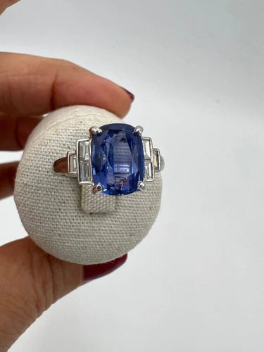 Bague 54 Bague de fiançailles - Saphir de Ceylan et diamants baguette en or blanc 18 carats 58 Facettes 7351 A