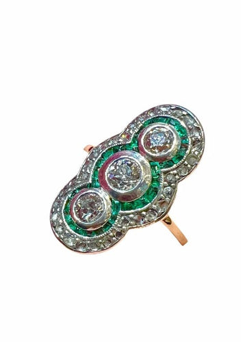 Bague 53 Bague marquise fin XIXe siècle en or jaune 18 ct, diamants et émeraudes 58 Facettes 7807 A