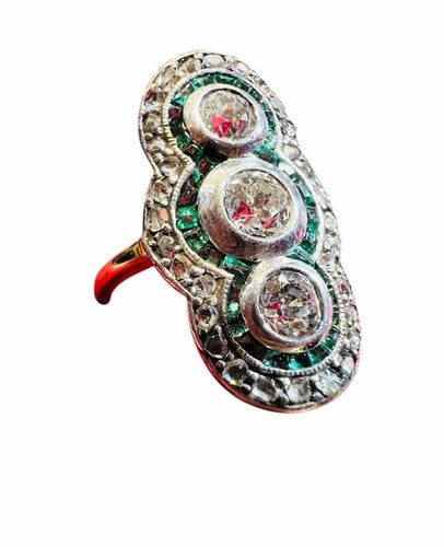 Bague 53 Bague marquise fin XIXe siècle en or jaune 18 ct, diamants et émeraudes 58 Facettes 7807 A