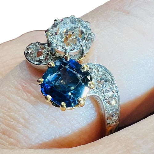 Bague 54 Bague Toi et Moi - Bague en or jaune 18 ct, diamant et saphir 58 Facettes 7869 A