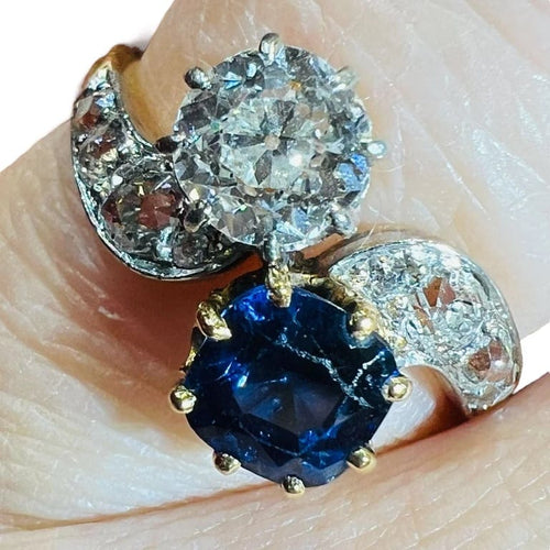Bague 54 Bague Toi et Moi - Bague en or jaune 18 ct, diamant et saphir 58 Facettes 7869 A