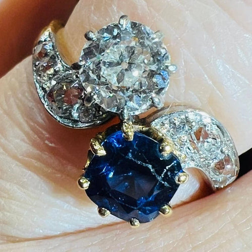 Bague 54 Bague Toi et Moi - Bague en or jaune 18 ct, diamant et saphir 58 Facettes 7869 A