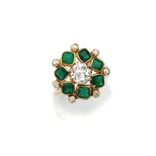 Bague 55 Hellébore - Bague en or jaune 18k diamants et émeraudes, début XXe 58 Facettes 226