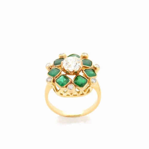 Bague 55 Hellébore - Bague en or jaune 18k diamants et émeraudes, début XXe 58 Facettes 226