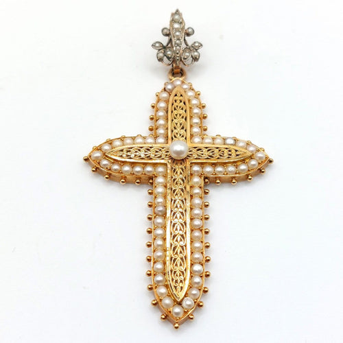 Pendentif Pendentif croix « Royale » en or jaune 18k et perles 58 Facettes 203