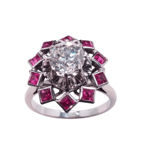 Bague 51 Bague en or blanc 18 carats avec diamant taille ancienne et rubis synthétiques 58 Facettes 4029