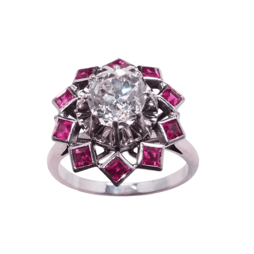 Bague 51 Bague en or blanc 18 carats avec diamant taille ancienne et rubis synthétiques 58 Facettes 4029