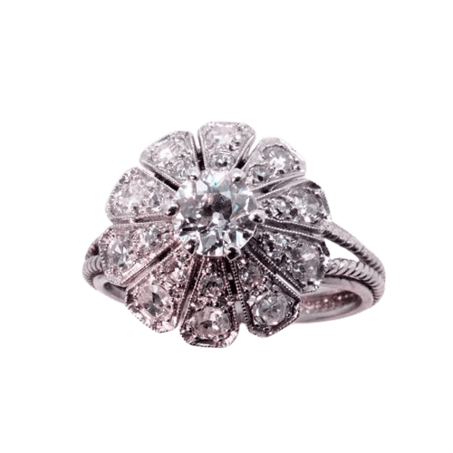 Bague 56 Bague marguerite Art déco en or blanc et platine, diamants 58 Facettes 4072