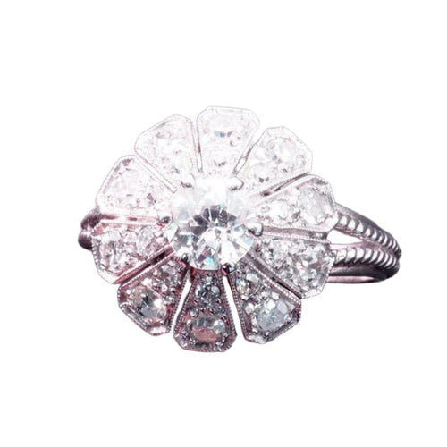 Bague 56 Bague marguerite Art déco en or blanc et platine, diamants 58 Facettes 4072