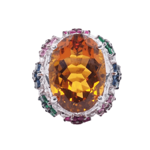 Bague 54.5 Bague en or blanc 18 carats avec citrine, diamants et saphirs 58 Facettes 4330