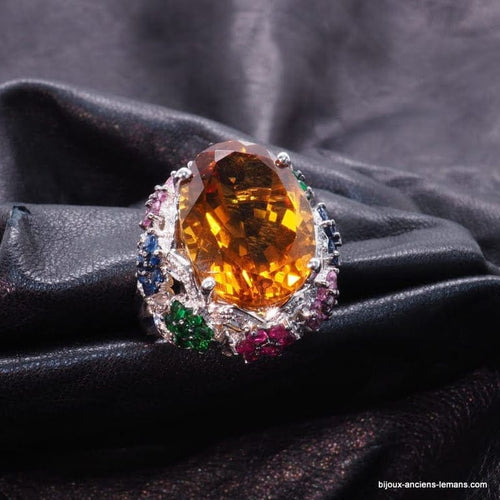 Bague 54.5 Bague en or blanc 18 carats avec citrine, diamants et saphirs 58 Facettes 4330