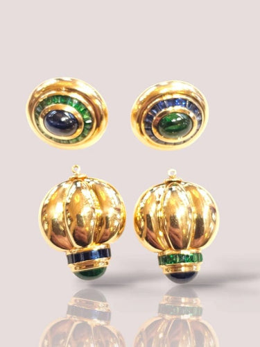 Boucles d'oreilles Boucles d'oreilles jour et nuit vintage en or jaune 18 carats, saphirs et émeraudes 58 Facettes