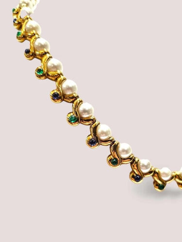 Collier Collier vintage en or jaune 18 carats avec perles, émeraudes et saphirs 58 Facettes 80347