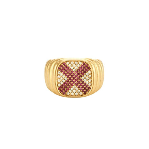 Bague 56 Bague chevalière coussin en or jaune 750 sertie de diamants et rubis 58 Facettes 32500148