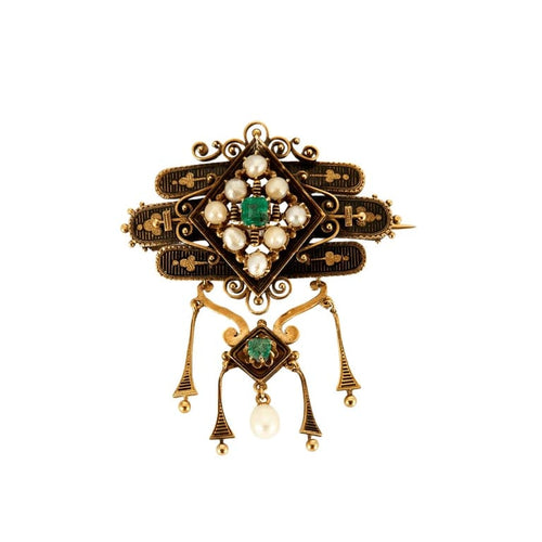 Broche Broche Napoléon III en or jaune 18k, perles fines et émeraudes 58 Facettes 37200023