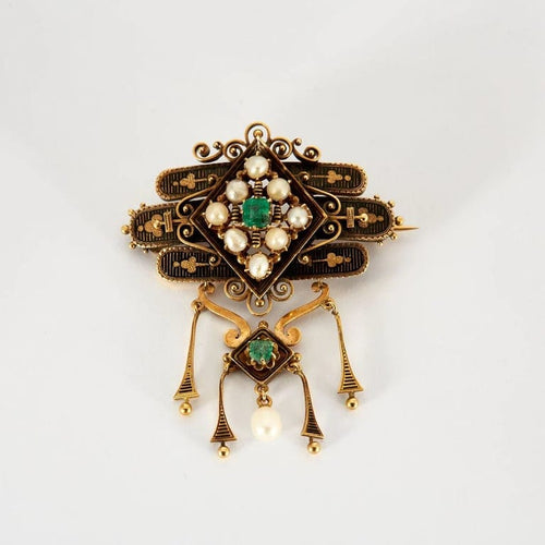 Broche Broche Napoléon III en or jaune 18k, perles fines et émeraudes 58 Facettes 37200023